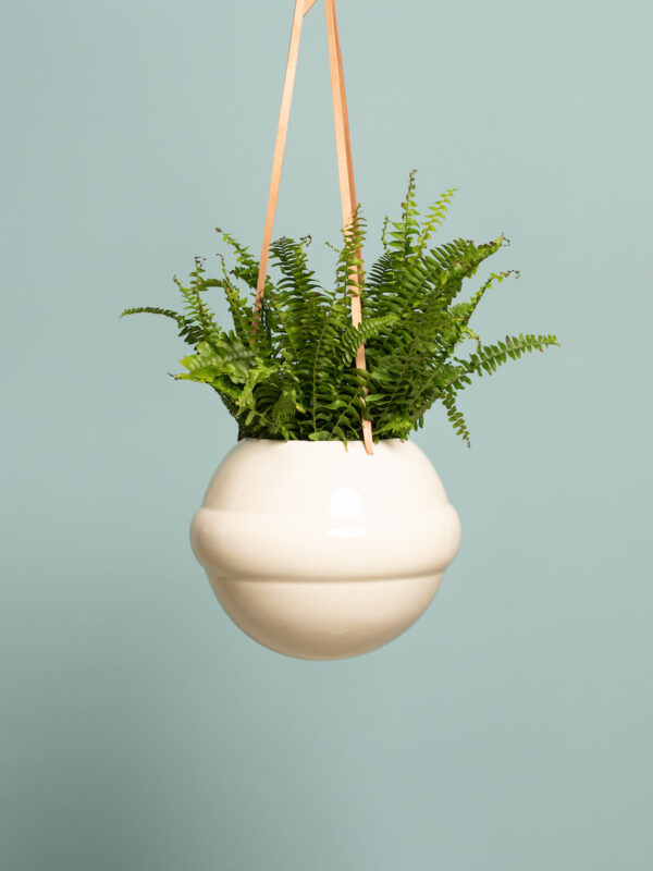 PLANET Hanging Ceramic Planter on Leather Strap (Beige)