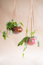 Set of OVAL Ceramic Planters on Leather Straps (Honey + Dark Pink)